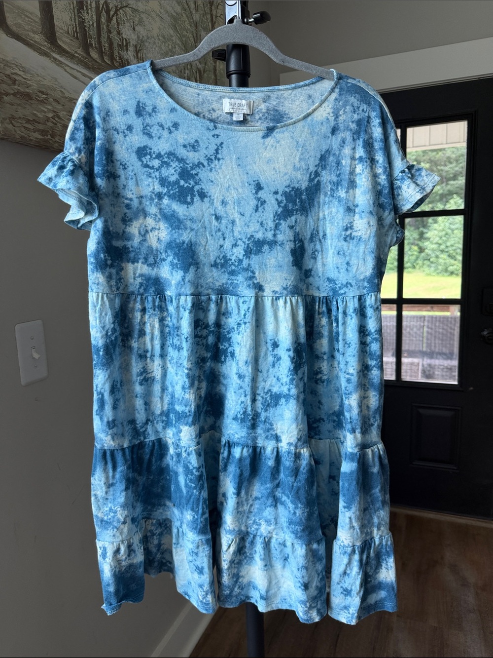 Blue Tie-Dye Tiered Ruffle Sleeve Women's Top